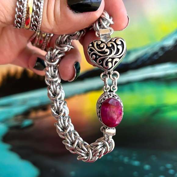 Handmade maille link bracelet . Indian ruby gem clasp heart love boho silver - Picture 6 of 14